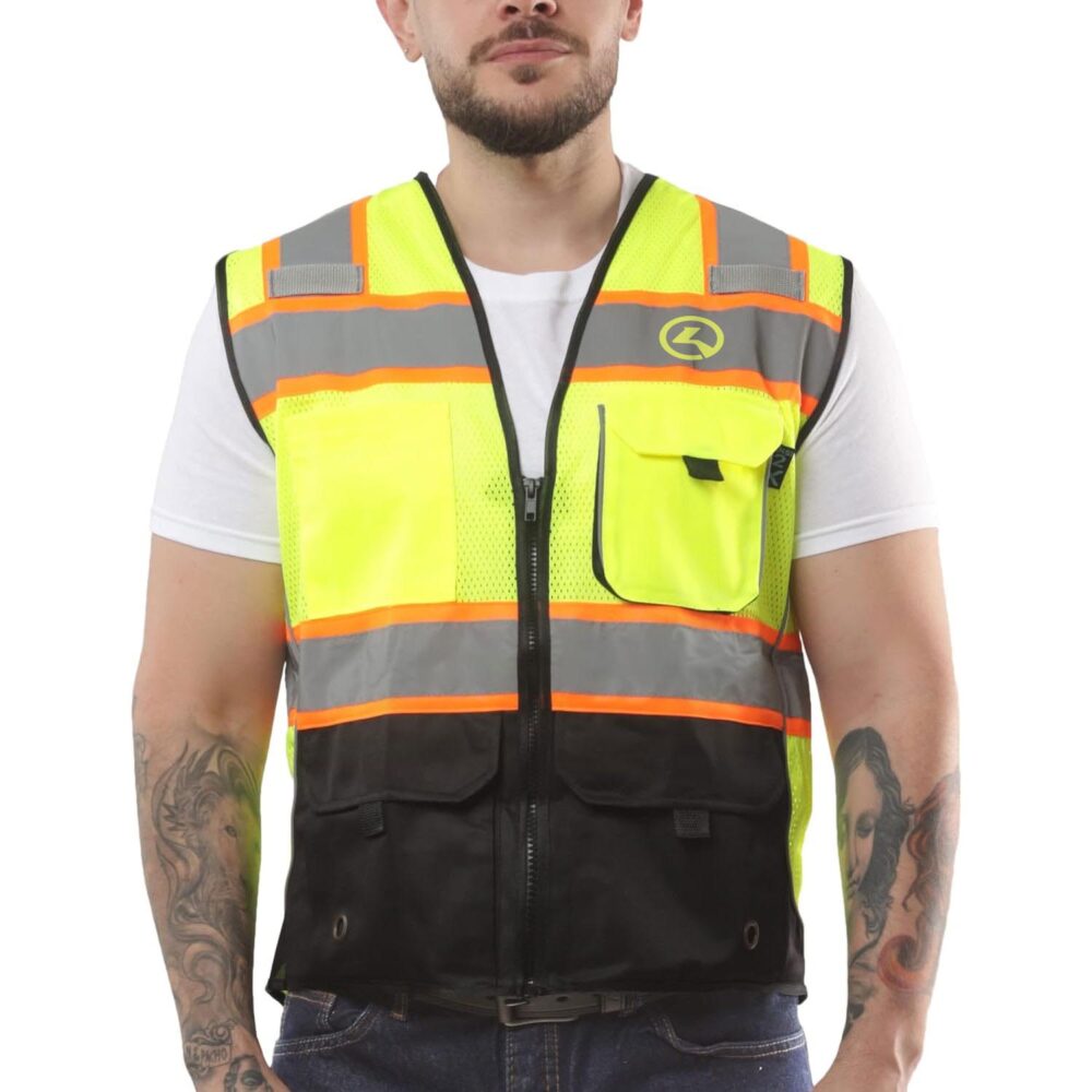 High Visibility Safety Vest Front Pockets Silver Orange Reflective Tape for Men