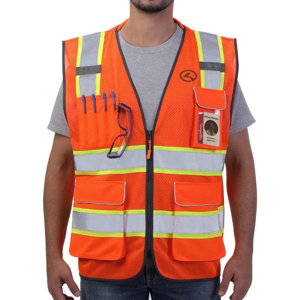 Reflective Safety Vest Orange Mesh, High Visibility Vest with Pockets and Zipper