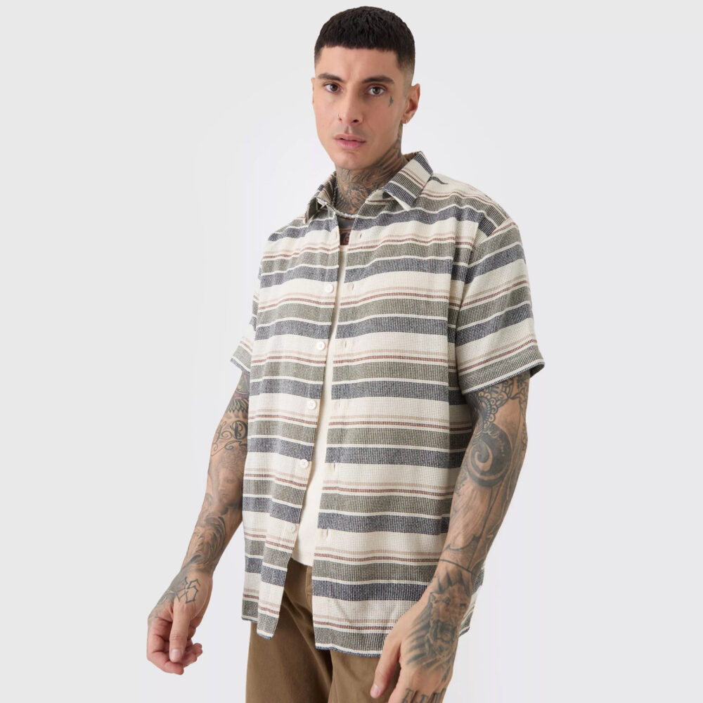 Tall Short Sleeve Oversized Textured Stripe Shirt in Stone