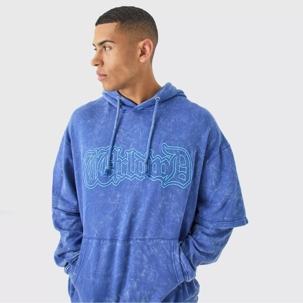Oversized Faux Layer Acid Wash Embroidered Hoodie