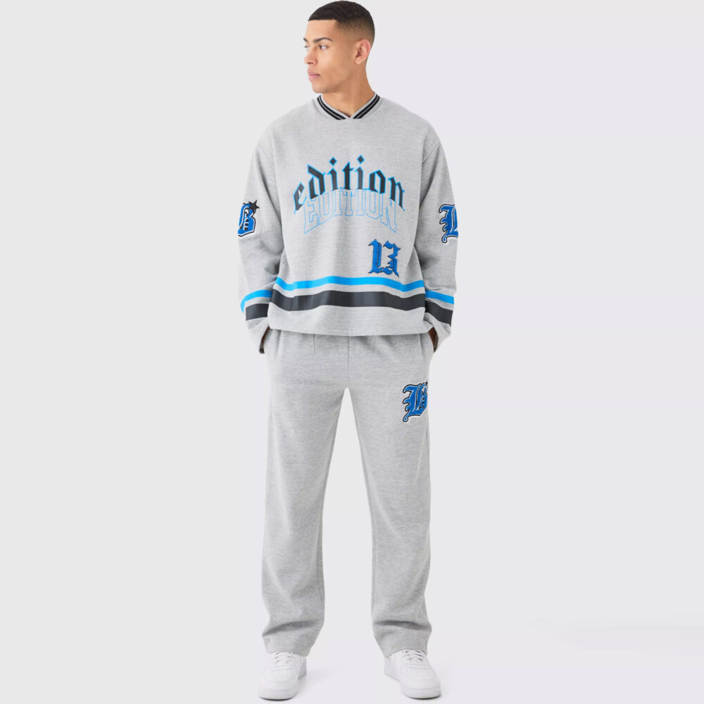 Oversized Varsity Applique V Neck Sweatshirt Tracksuit