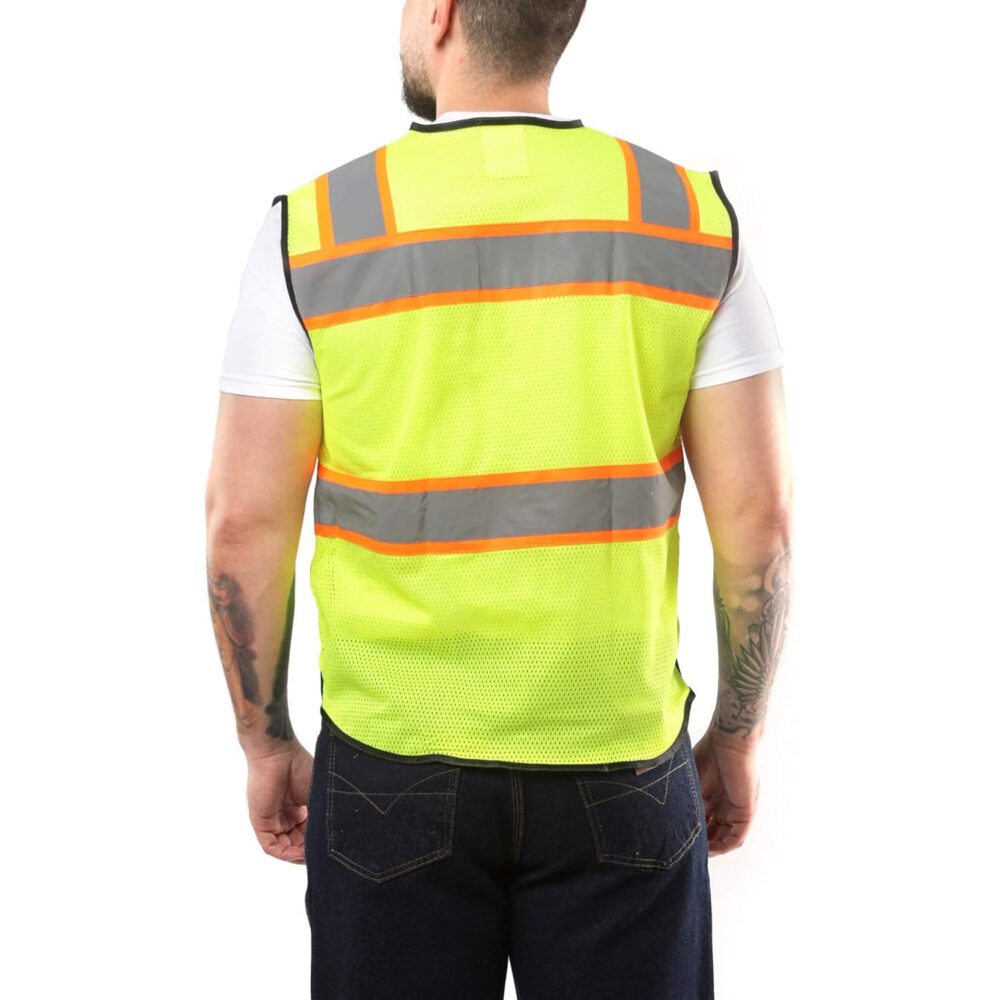 High Visibility Safety Vest Front Pockets Silver Orange Reflective Tape for Men