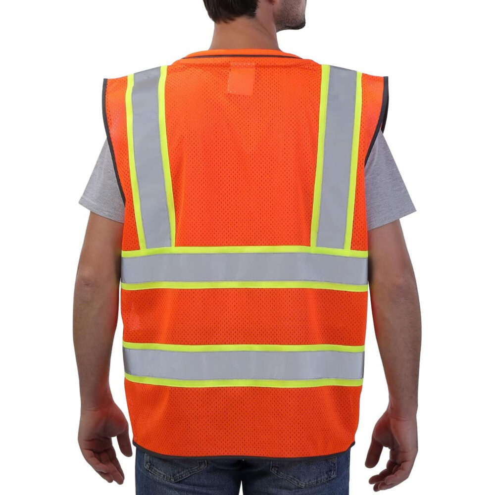 Reflective Safety Vest Orange Mesh, High Visibility Vest with Pockets and Zipper
