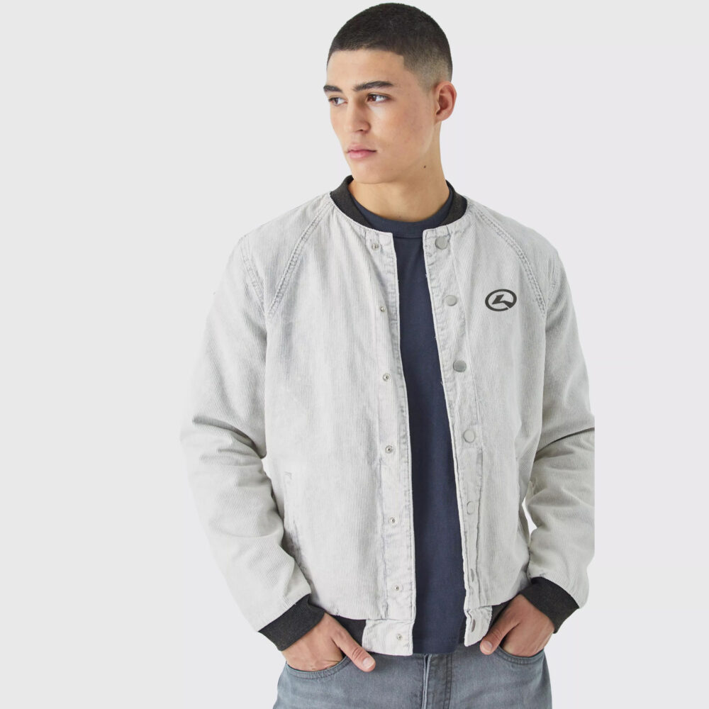Cord Acid Wash Quilted Bomber Jacket in Light Grey